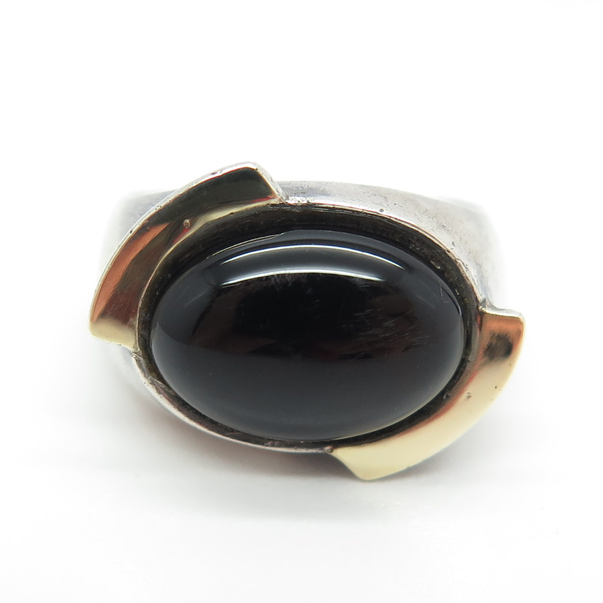 925 Sterling Silver 2-Tone Vintage Real Black Onyx Gemstone Ring Size 7