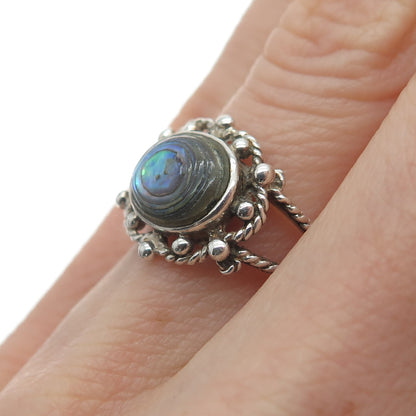 925 Sterling Silver Vintage Real Abalone Shell Modernist Beaded Ring Size 5.25