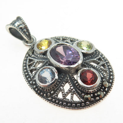 925 Sterling Silver Vintage Amethyst Citrine Peridot Garnet Topaz Gem Pendant