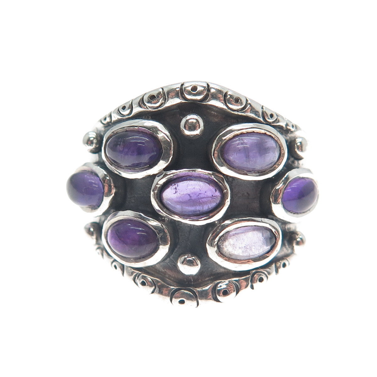 925 Sterling Silver Vintage Real Amethyst Modernist Oxidized Ring Size 9
