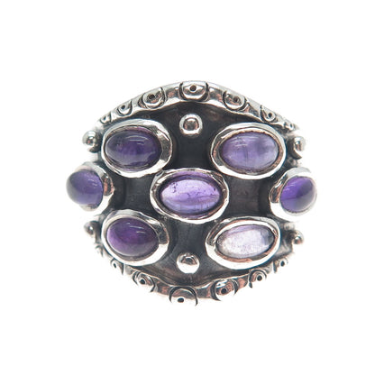 925 Sterling Silver Vintage Real Amethyst Modernist Oxidized Ring Size 9