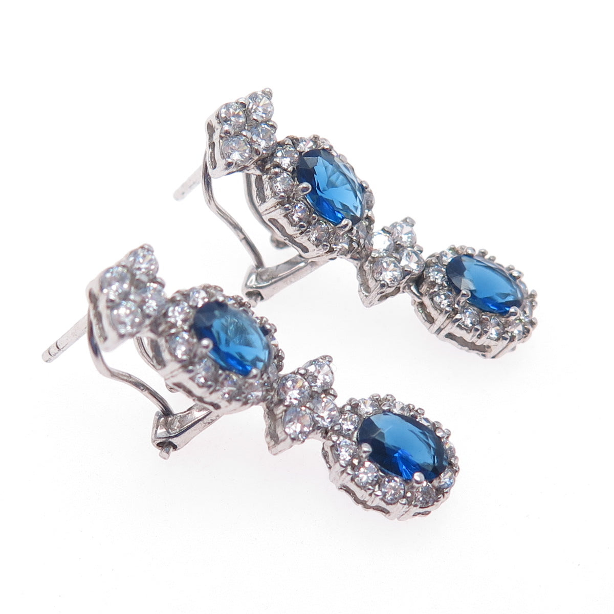 925 Sterling Silver Blue & White C Z Dangle Omega Back Earrings