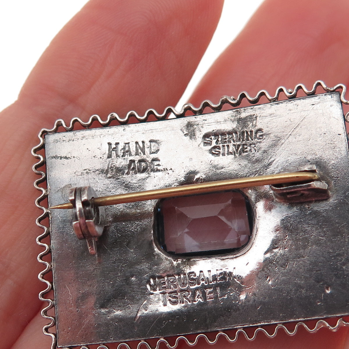 925 Sterling Silver Vintage Jerusalem Israel Blue Crystal Oxidized Pin Brooch