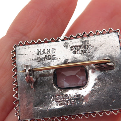 925 Sterling Silver Vintage Jerusalem Israel Blue Crystal Oxidized Pin Brooch