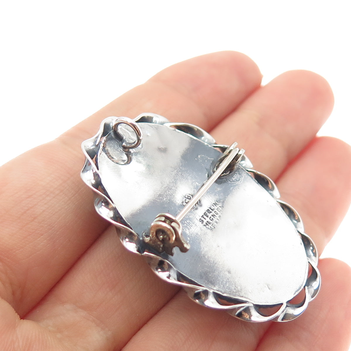 925 Sterling Silver Vintage Mexico Real Green Onyx Oxidized Pin Brooch / Pendant