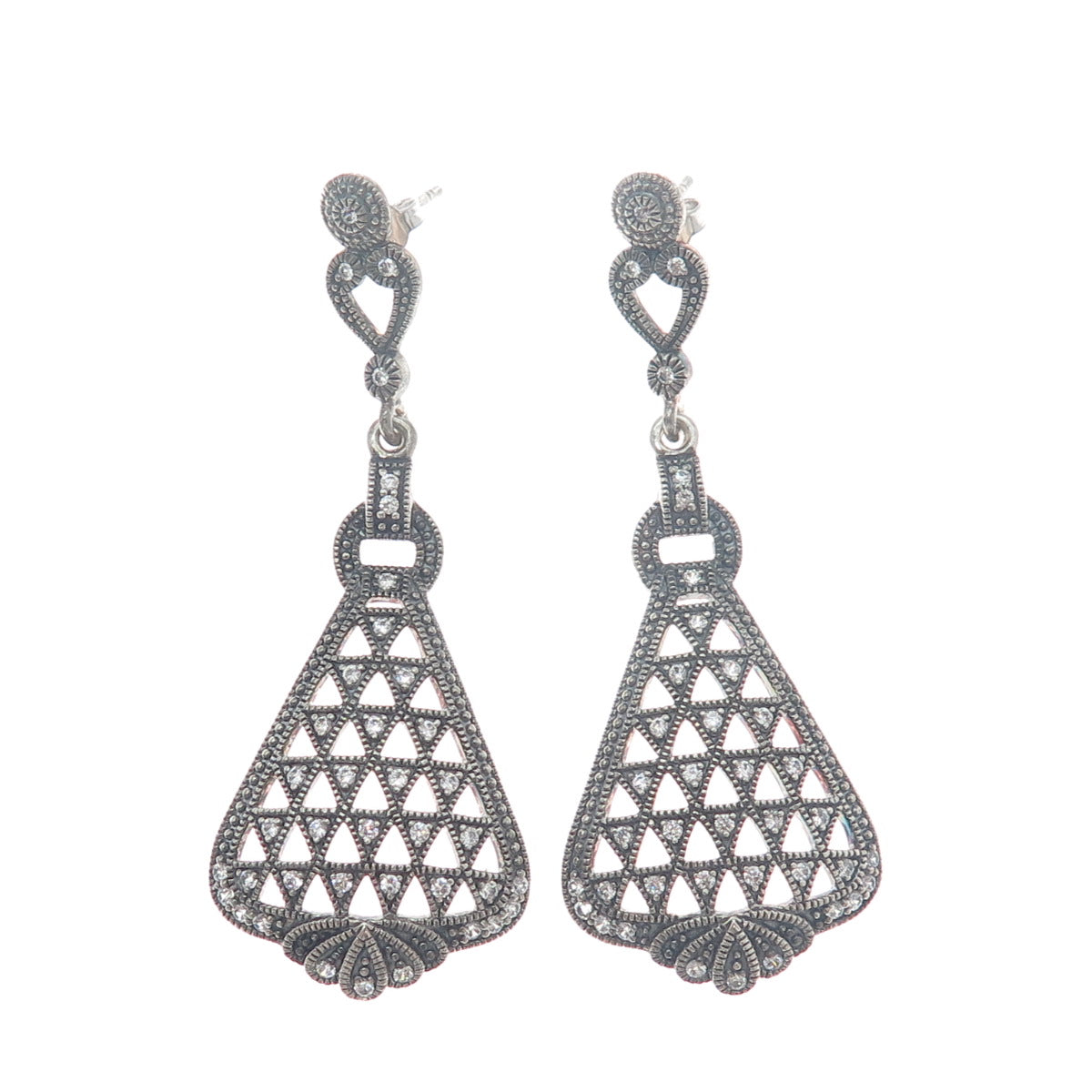 925 Sterling Silver Vintage Round-Cut C Z Oxidized Dangle Earrings