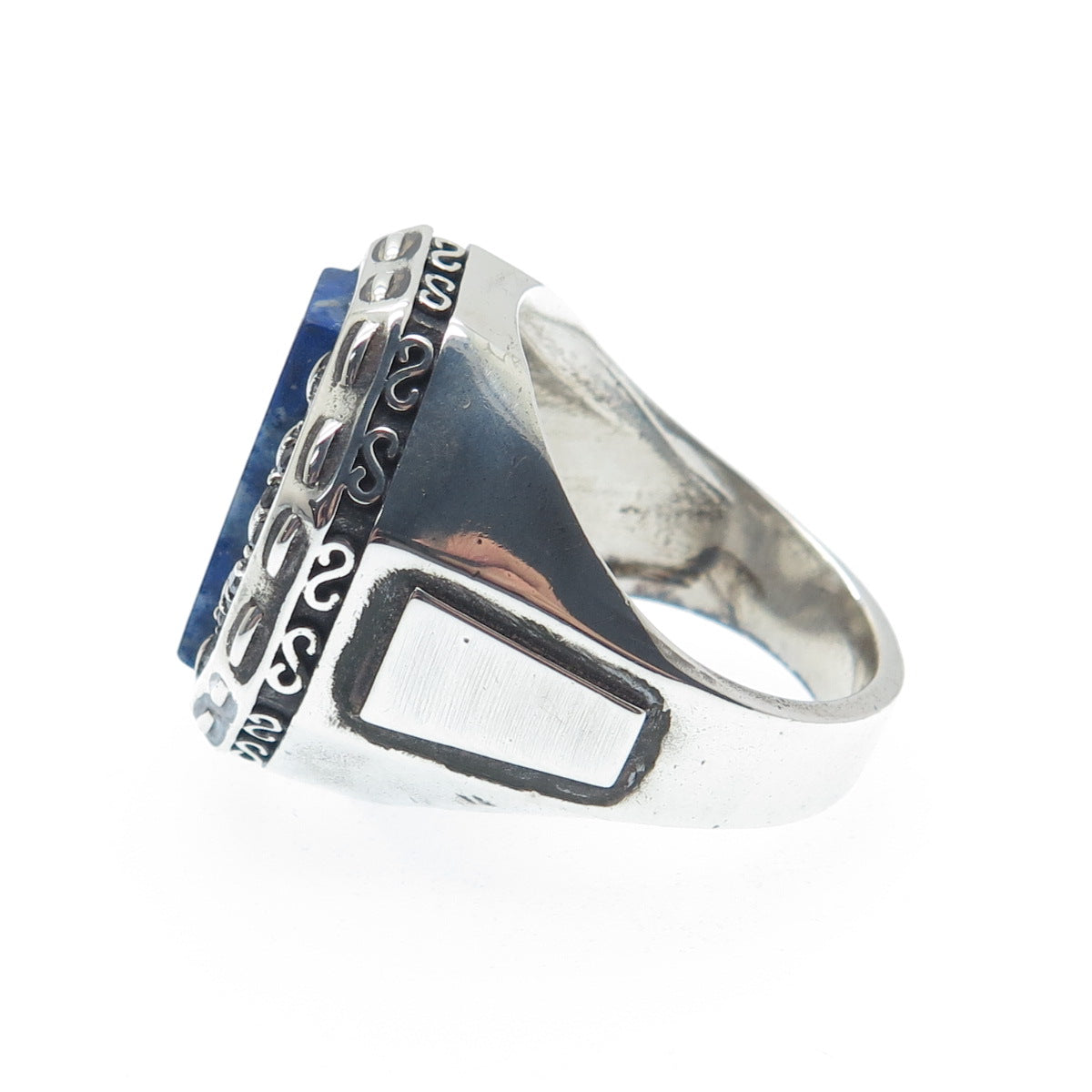925 Sterling Silver Vintage Real Black Diamond & Lapis Lazuli Ring Size 9.25