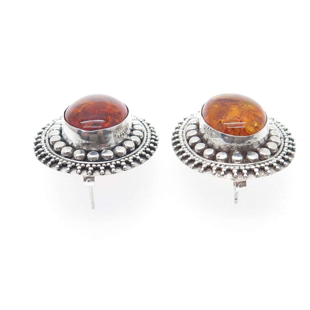 925 Sterling Silver Vintage Real Amber Modernist Granulated Earrings