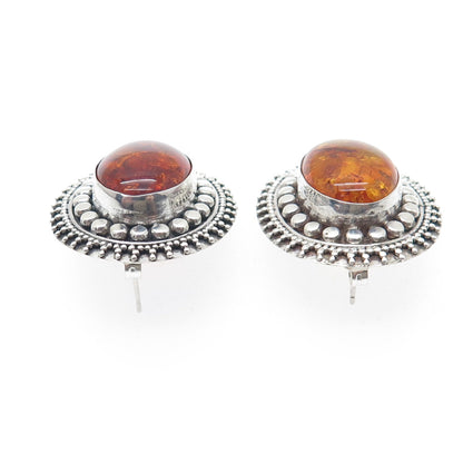 925 Sterling Silver Vintage Real Amber Modernist Granulated Earrings