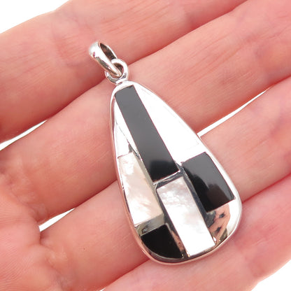925 Sterling Silver Vintage Real Black Onyx & MOP Modernist Charm Pendant