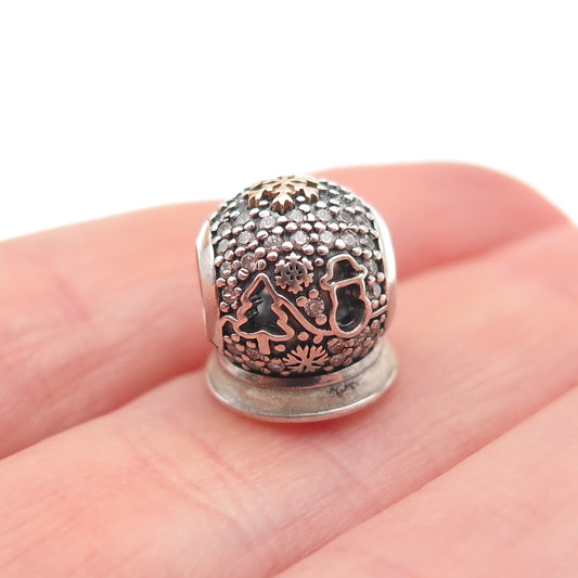 PANDORA 925 Sterling Silver Gold C Z 2015 Wonderland Snow Globe Slide Bead Charm
