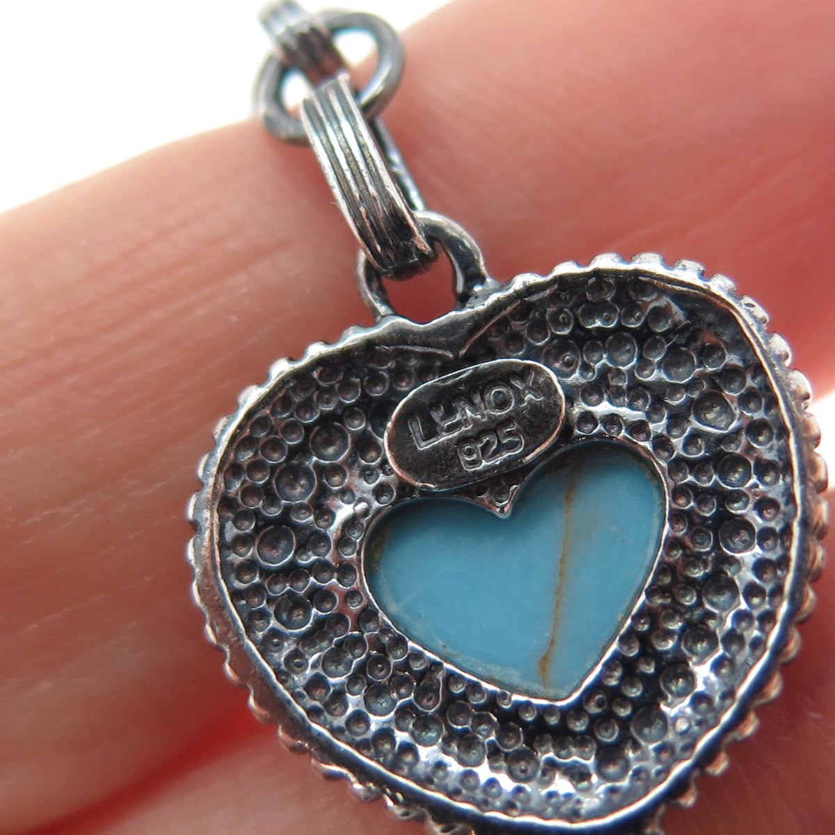 LENOX 925 Sterling Silver Vintage Real Turquoise Heart Link Oxidized Bracelet 8"