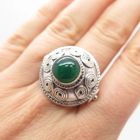 925 Sterling Silver Vintage Real Green Onyx Gem Swirl Round Ring Size 7.75
