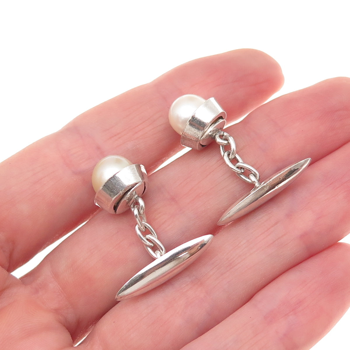 925 Sterling Silver Antique Japan Real Akoya Pearl Chain Cufflinks