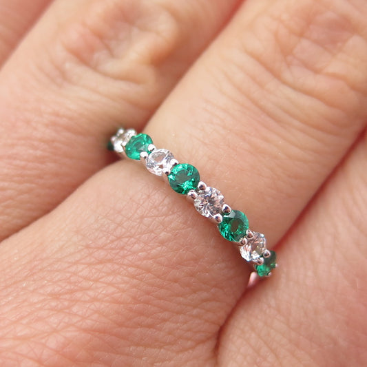 SAI 925 Sterling Silver Real Chrome Diopside & C Z Half Eternity Ring Size 7