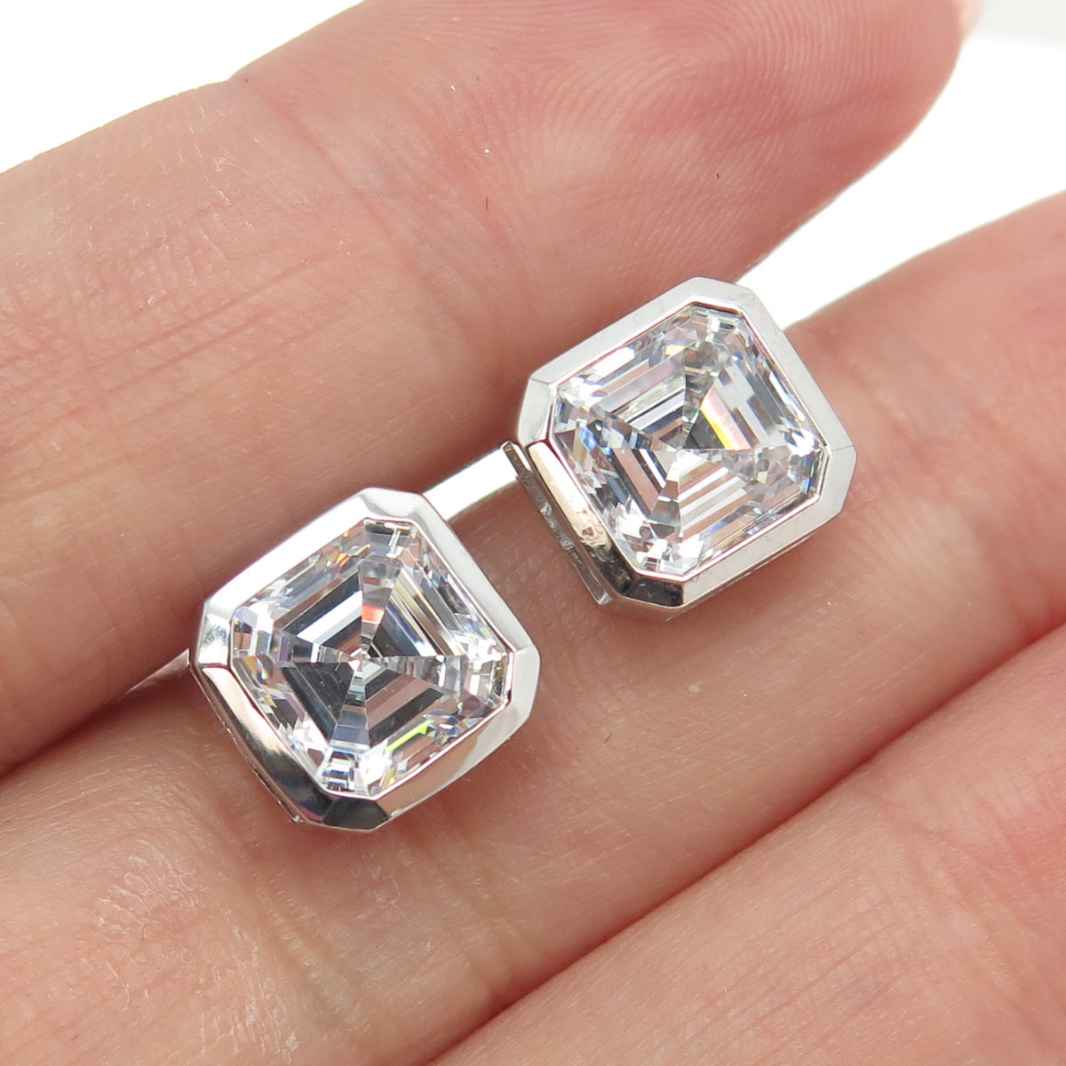 925 Sterling Silver Asscher-Cut C Z Stud Earrings