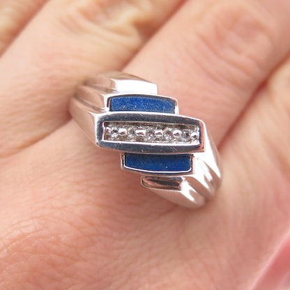 925 Sterling Silver Real Lapis Lazuli & White Topaz Modernist Ring Size 12.25