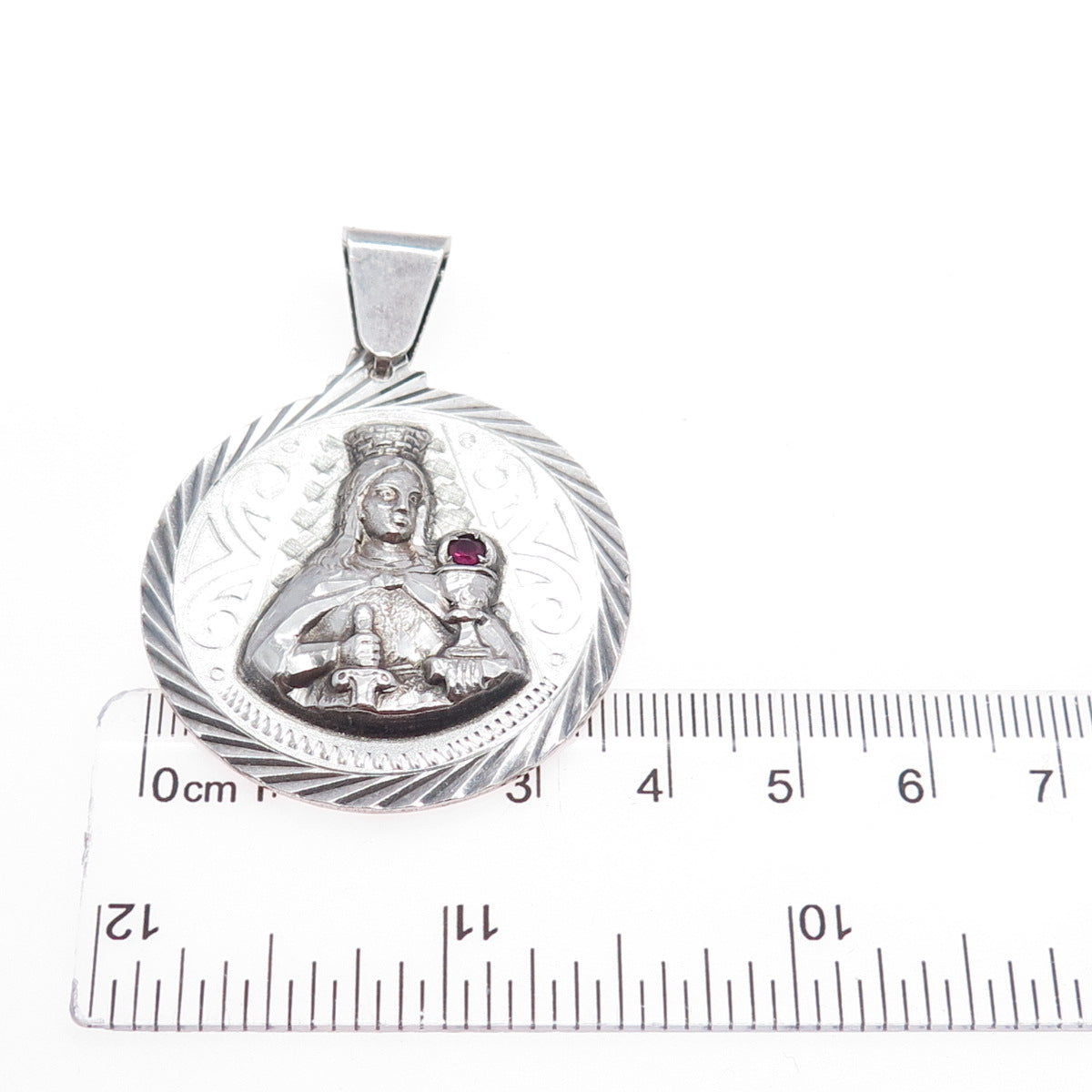 925 Sterling Silver Vintage Real Ruby St. Barbara Religious Oxidized Pendant