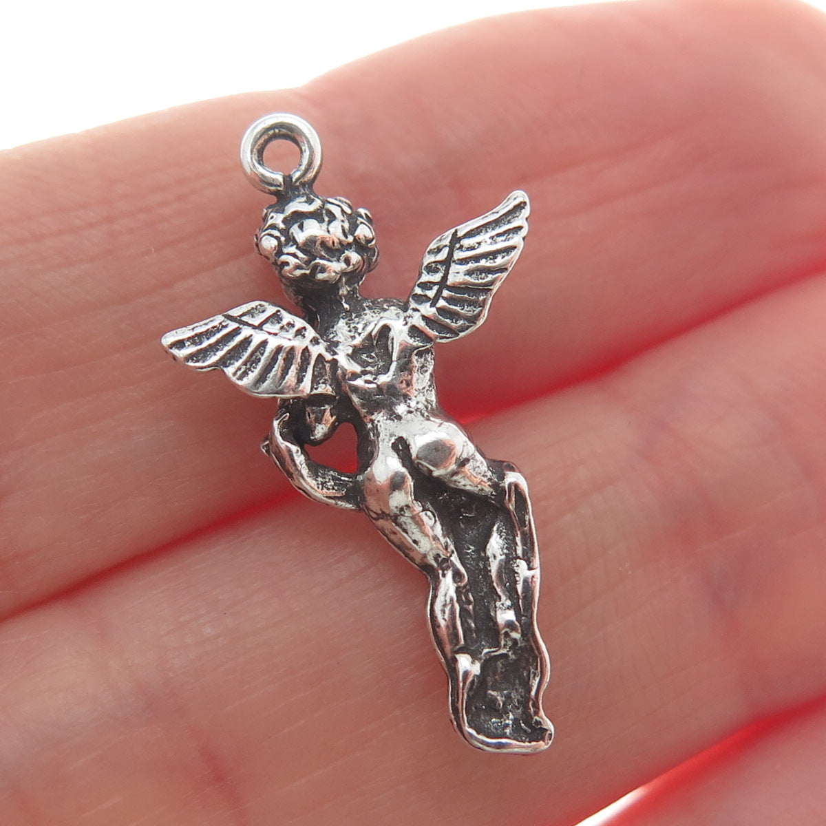 925 Sterling Silver Vintage Angel Playing Trumpet Oxidized Mini Charm Pendant