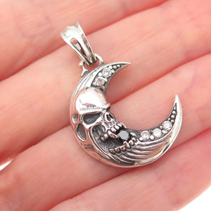 925 Sterling Silver Vintage Real Black Spinel & C Z Skull Crescent Biker Pendant