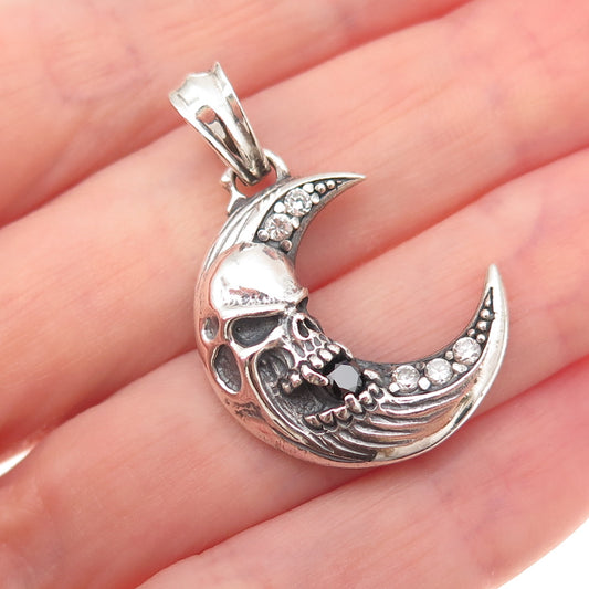 925 Sterling Silver Vintage Real Black Spinel & C Z Skull Crescent Biker Pendant
