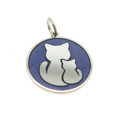 925 Sterling Silver Purple Enamel Cat Mom & Child Round Minimalist Charm Pendant