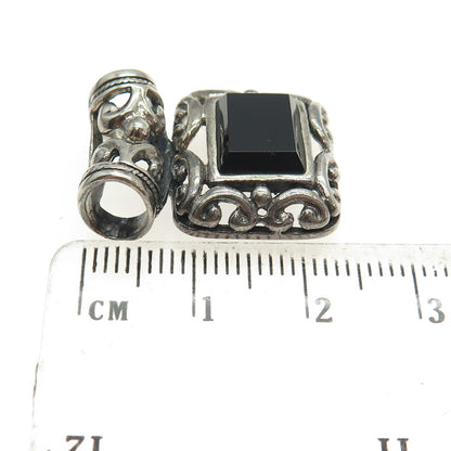 925 Sterling Silver Vintage Real Black Onyx Ornate Slide Oxidized Pendant