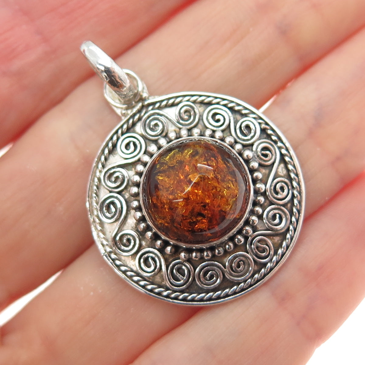 925 Sterling Silver Vintage Real Amber Spiral Beaded Oxidized Charm Pendant