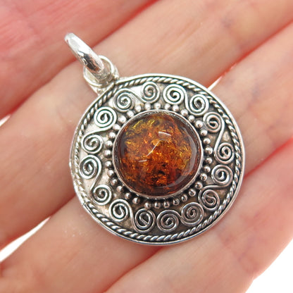 925 Sterling Silver Vintage Real Amber Spiral Beaded Oxidized Charm Pendant