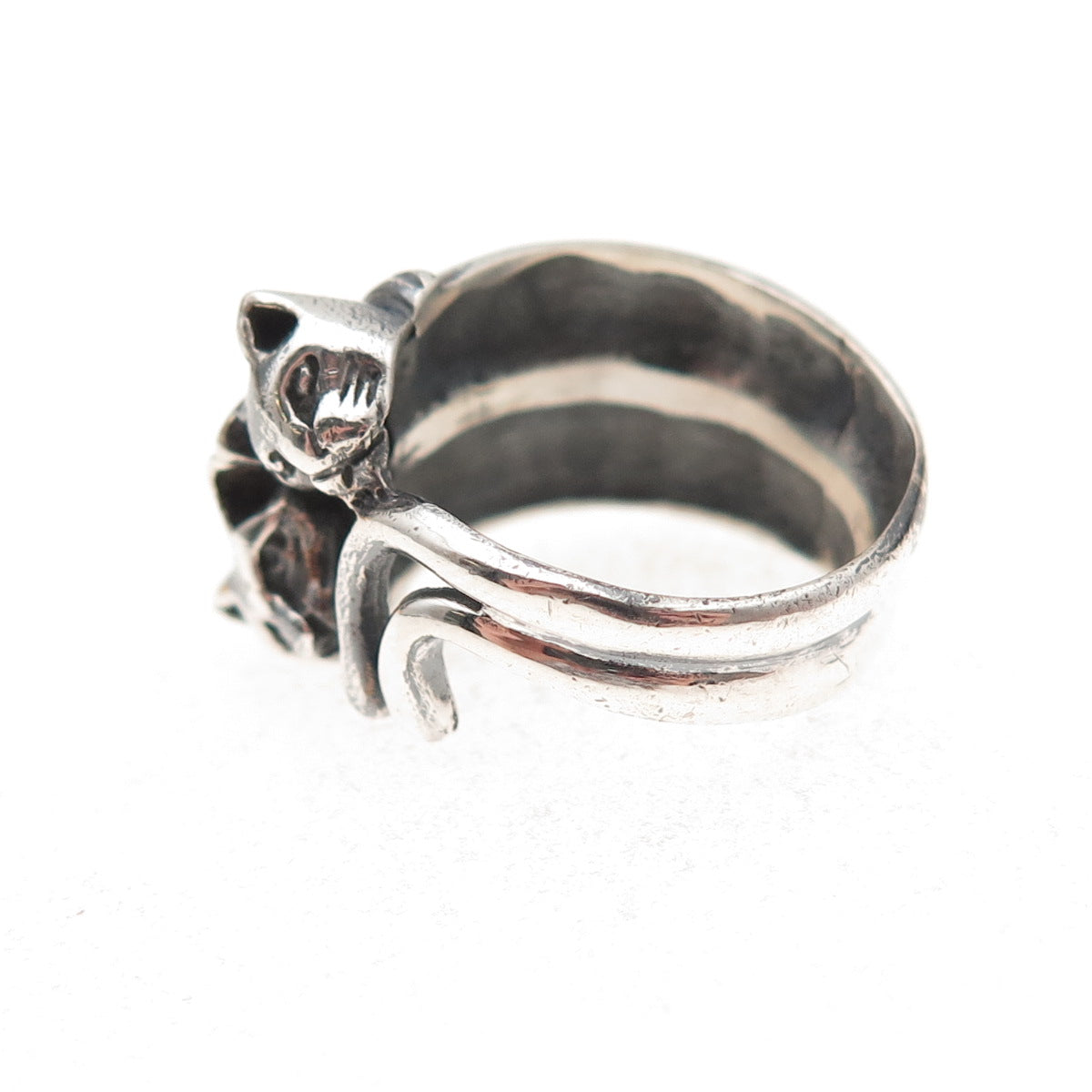 925 Sterling Silver Vintage Modernist Cat Couple Oxidized Ring Size 5