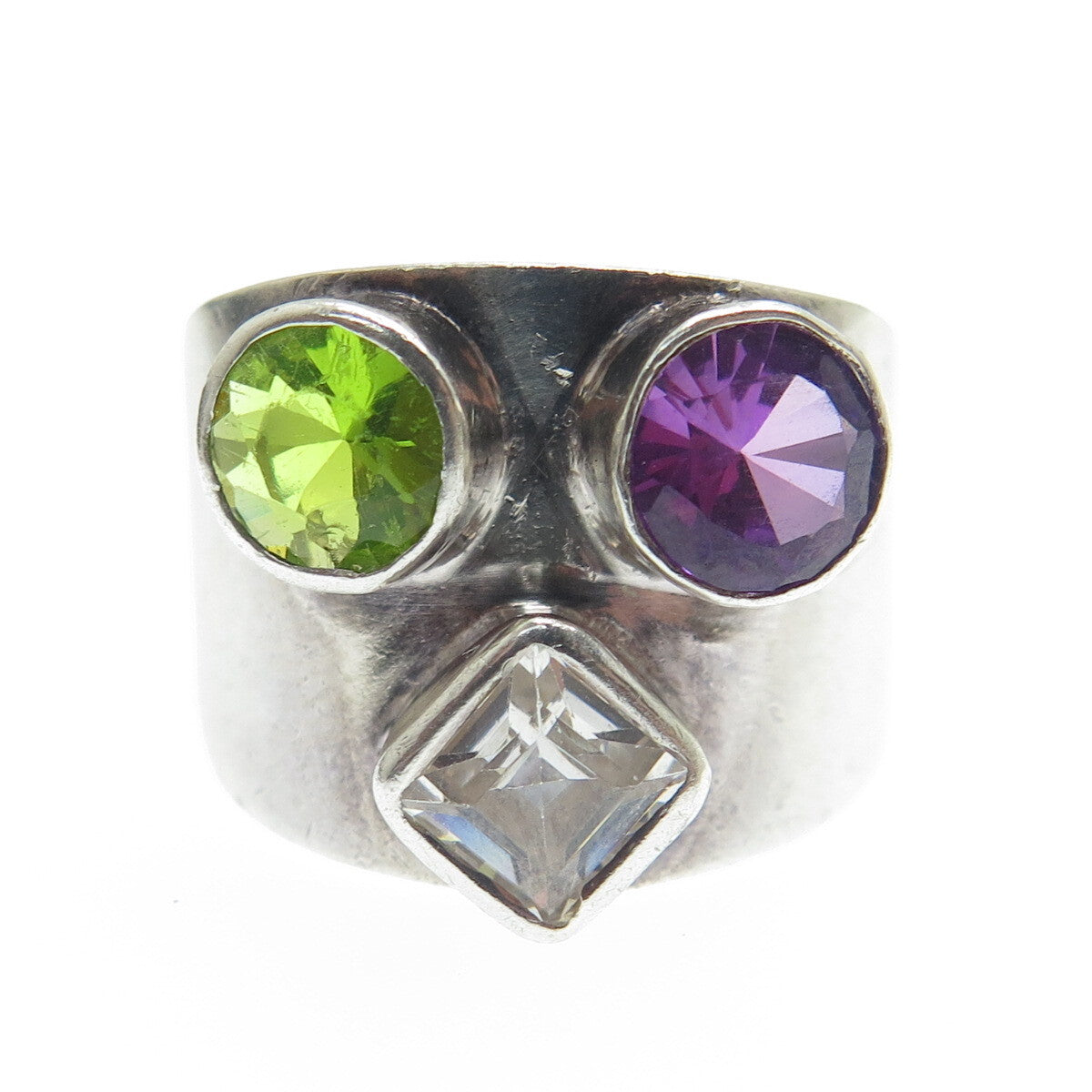 925 Sterling Silver Vintage Peacock Sapphire Peridot Gem C Z Ring Size 7
