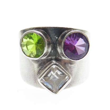 925 Sterling Silver Vintage Peacock Sapphire Peridot Gem C Z Ring Size 7