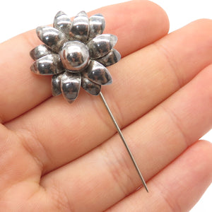 925 Sterling Silver Vintage Flower Oxidized Lapel Pin