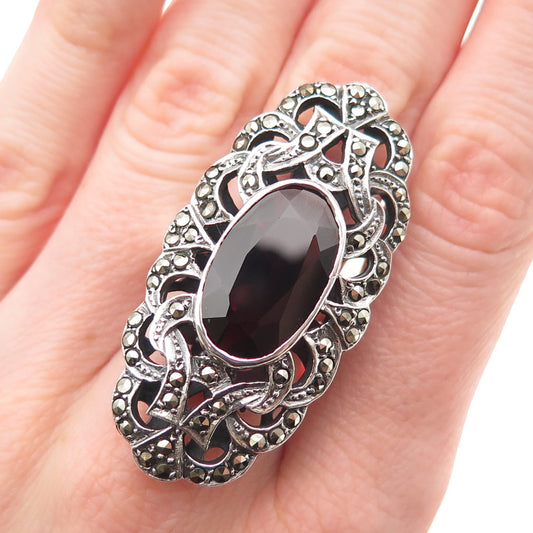 925 Sterling Silver Vintage Real Red Garnet & Marcasite Oxidized Ring Size 7