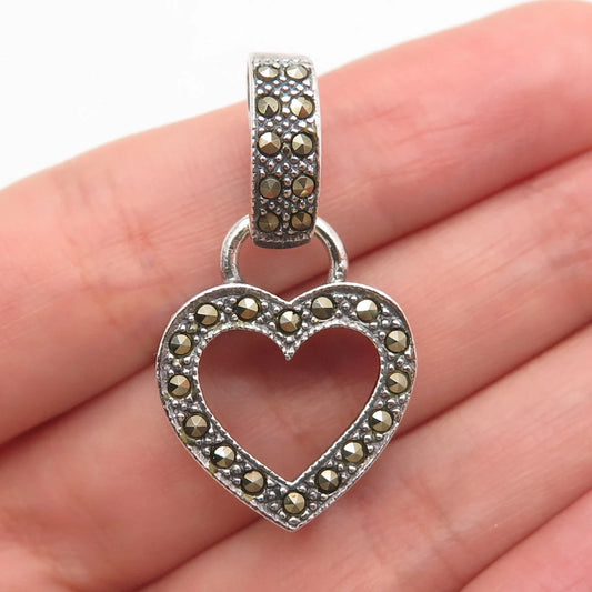 925 Sterling Silver Vintage Real Marcasite Gemstone Open Heart Pendant