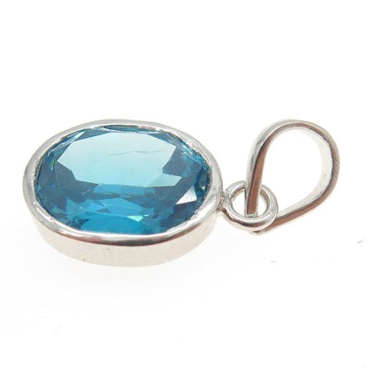 925 Sterling Silver Vintage Blue C Z Oval Minimalist Charm Pendant