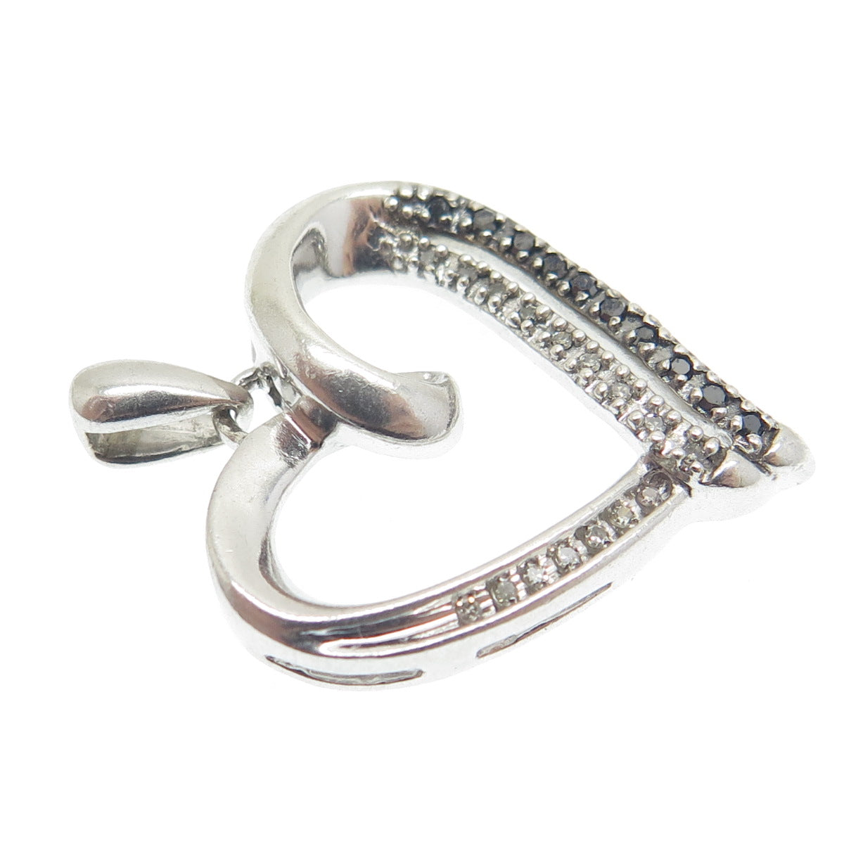 925 Sterling Silver Real Round-Cut Black & White Diamond Heart Charm Pendant