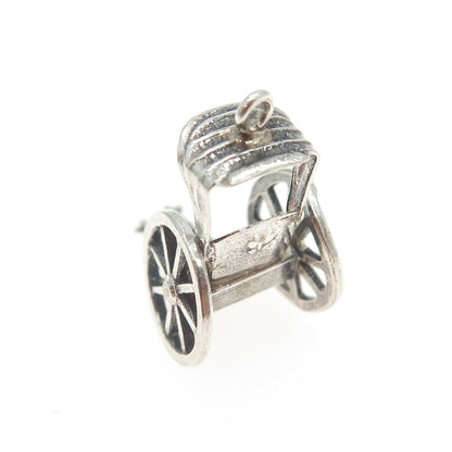 925 Sterling Silver Antique Art Deco Rickshaw Carriage 3D Pendant