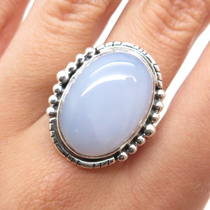 925 Sterling Silver Vintage Real Cabochon Chalcedony Beaded Ring Size 10