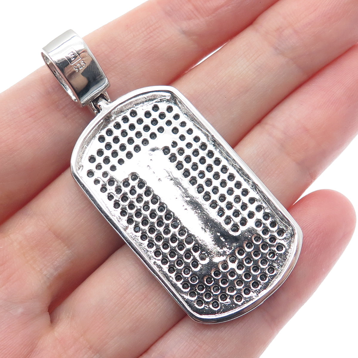 925 Sterling Silver Real Round-Cut Black Spinel Letter I Initial Tag Pendant