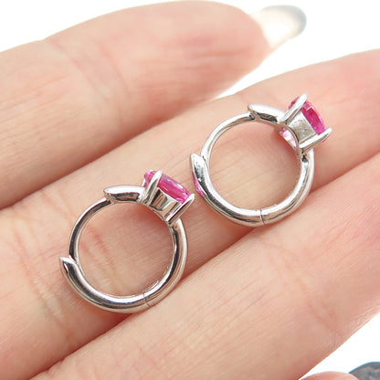 925 Sterling Silver Heart-Cut Pink C Z Hoop Earrings