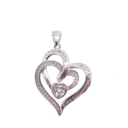 925 Sterling Silver C Z I Love You To The Moon & Back Double Heart Charm Pendant