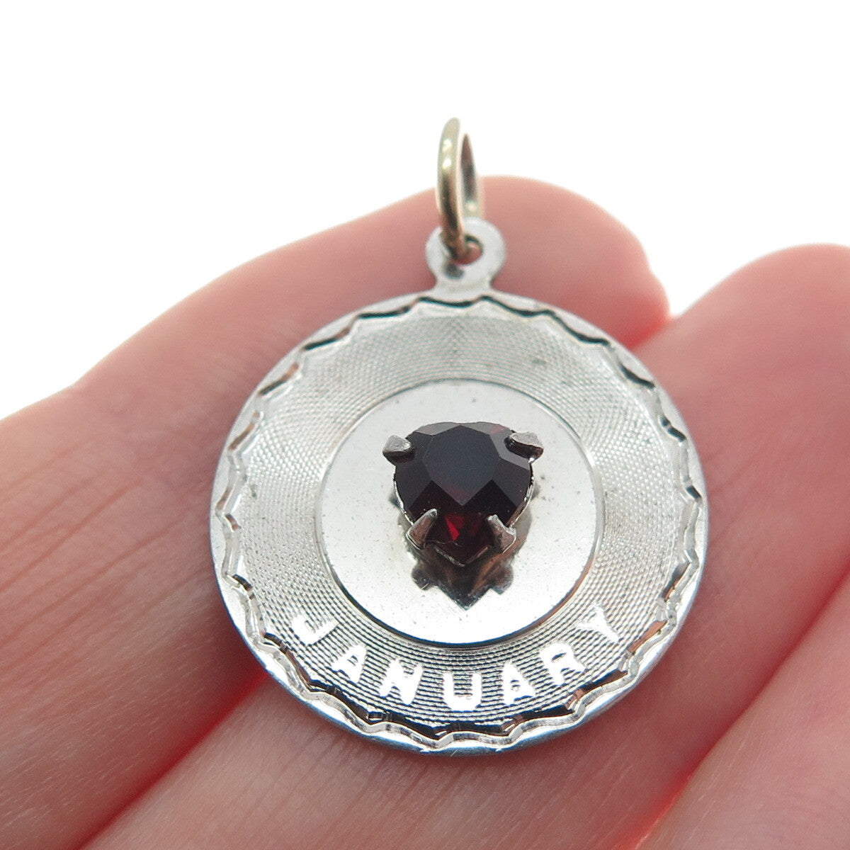 SPENCER CO. 925 Sterling Silver Vintage Red Garnet Gem "January" Round Pendant