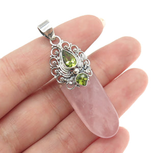 925 Sterling Silver Vintage Real Rose Quartz & Peridot Gemstone Amulet Pendant