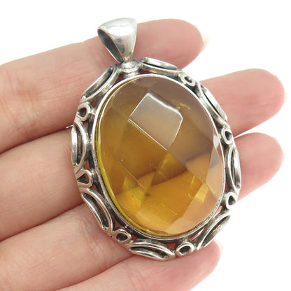 925 Sterling Silver Vintage Real Large Amber Ornate Pendant