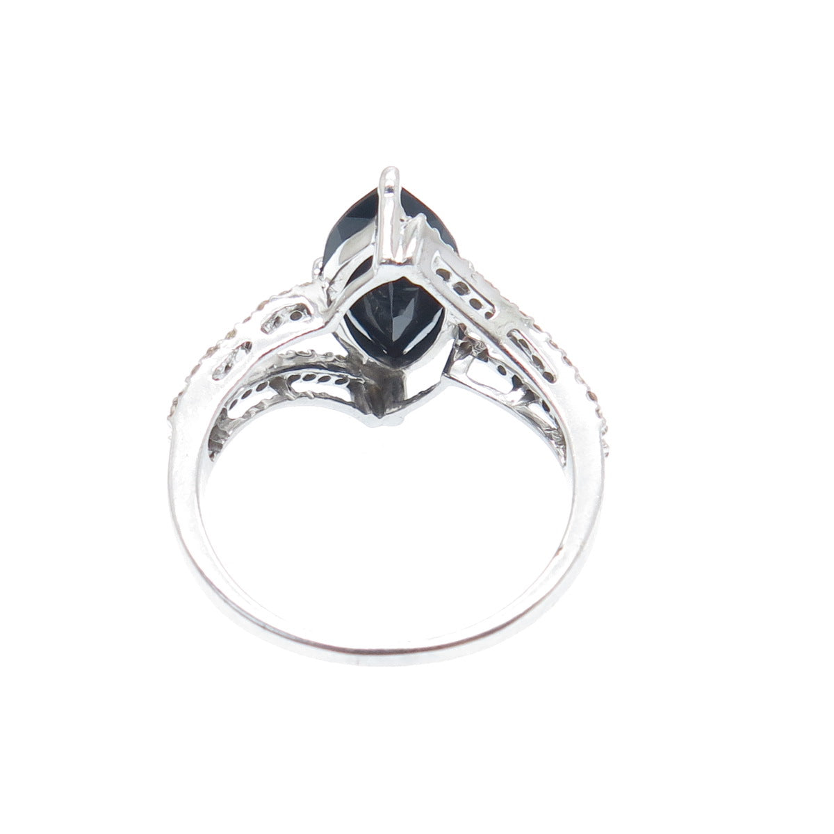 925 Sterling Silver Real Round-Cut Diamond & Black Spinel Bypass Ring Size 7.75