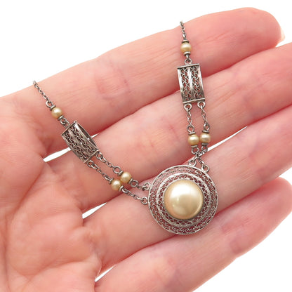 925 Sterling Antique Art Deco Faux Pearl Filigree Cable Chain Necklace 16"
