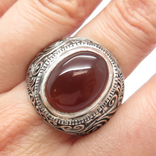 925 Sterling Silver Vintage Real Carnelian Gem Ornate Ring Size 12.5