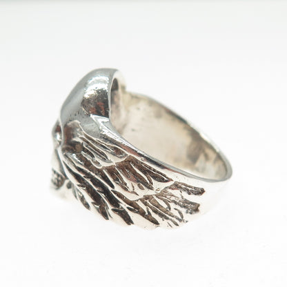 925 Sterling Silver Vintage Skull & Wings Oxidized Biker Ring Size 7