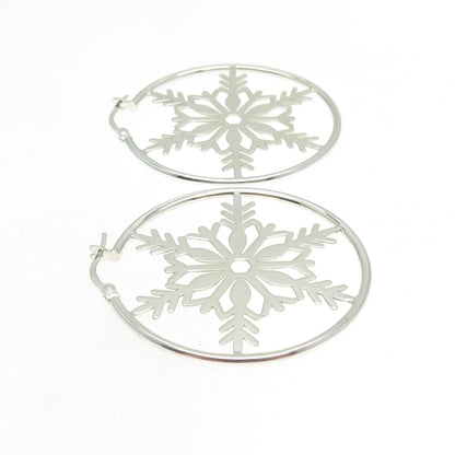 925 Sterling Silver Snowflake Hoop Earrings